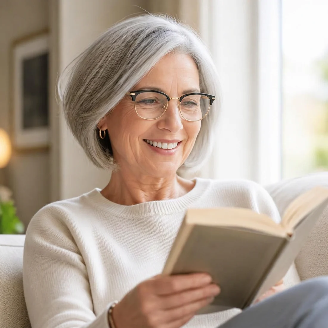 Woman in her fifties smiling while reading a book comfortably in OptiReaders Pro multifocal reading glasses